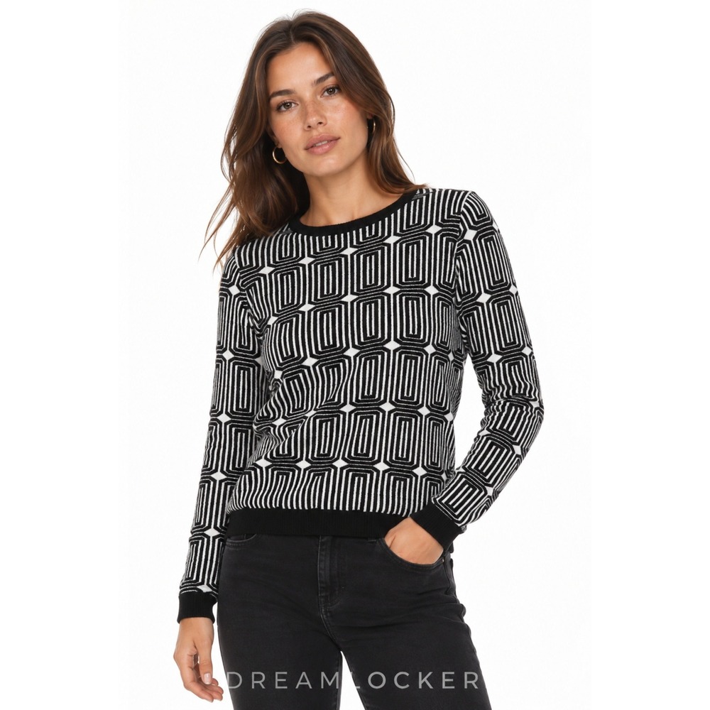 Search For Sanity Geometric Knit Sweater Black White Mod Retro Long Sleeve Med